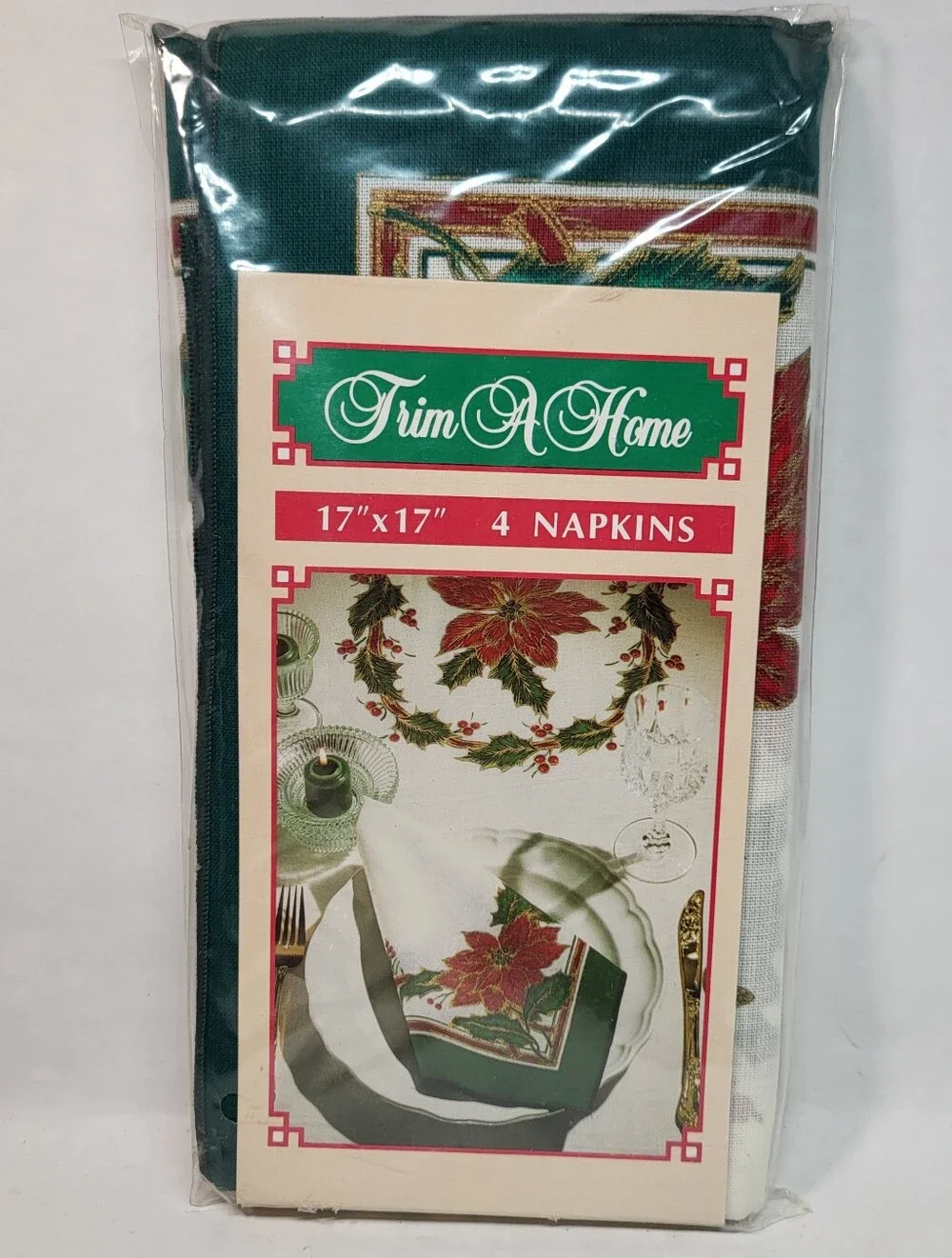 Trim A Home Christmas NAPKINS 4 Pk Poinsettias Woven Cotton Cloth 17x17 Vtg NOS